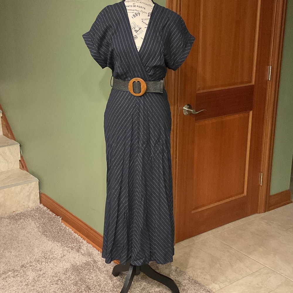 Mango Navy Striped Maxi Dress with Belt, Size 2